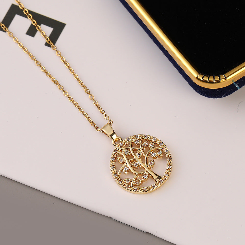 Wholesale Micropaved Zircon Tree of Life Hollow Pendant Necklaces